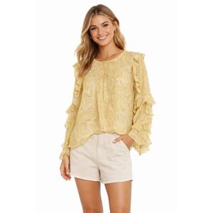 NWT Lucky Brand Yellow Paisley Pintuck Ruffle Sleeve Chiffon Blouse M New